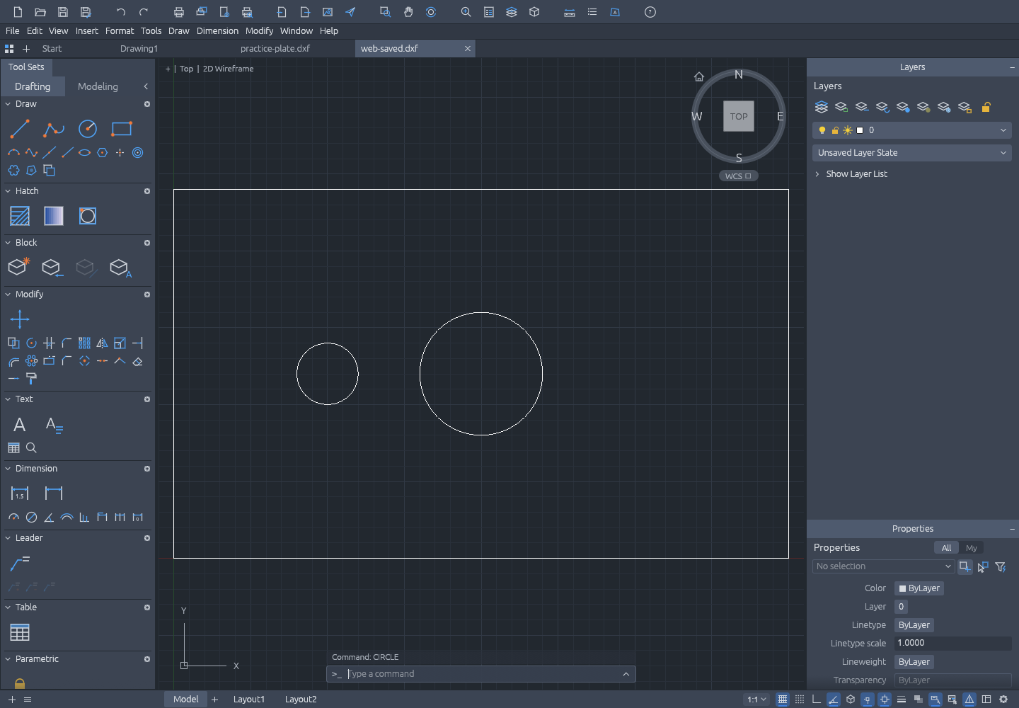 Browser CADCraft reopening a saved three-entity DXF
