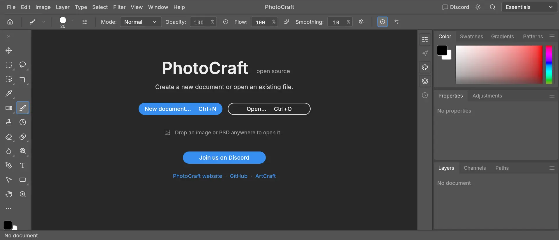 PhotoCraft image editor — layers, tools, and panels in the browser