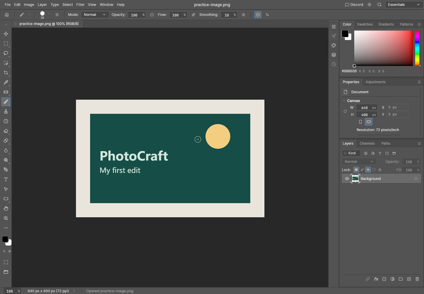 A 640 × 400 PNG is open. The Layers panel contains Background.