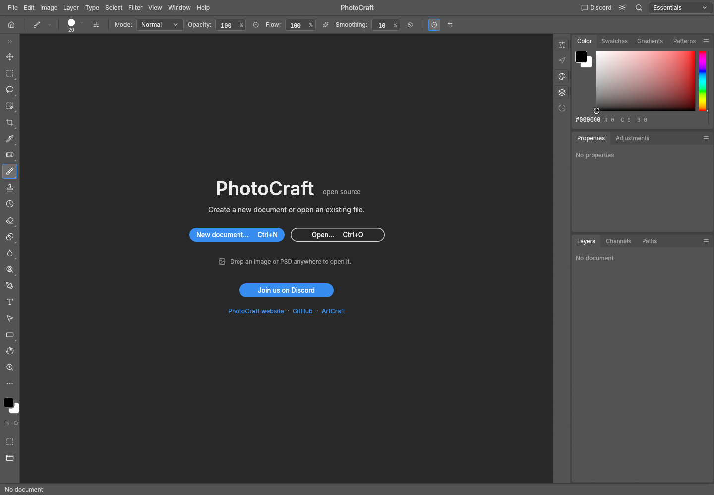 The welcome screen: choose Open… to load an image.